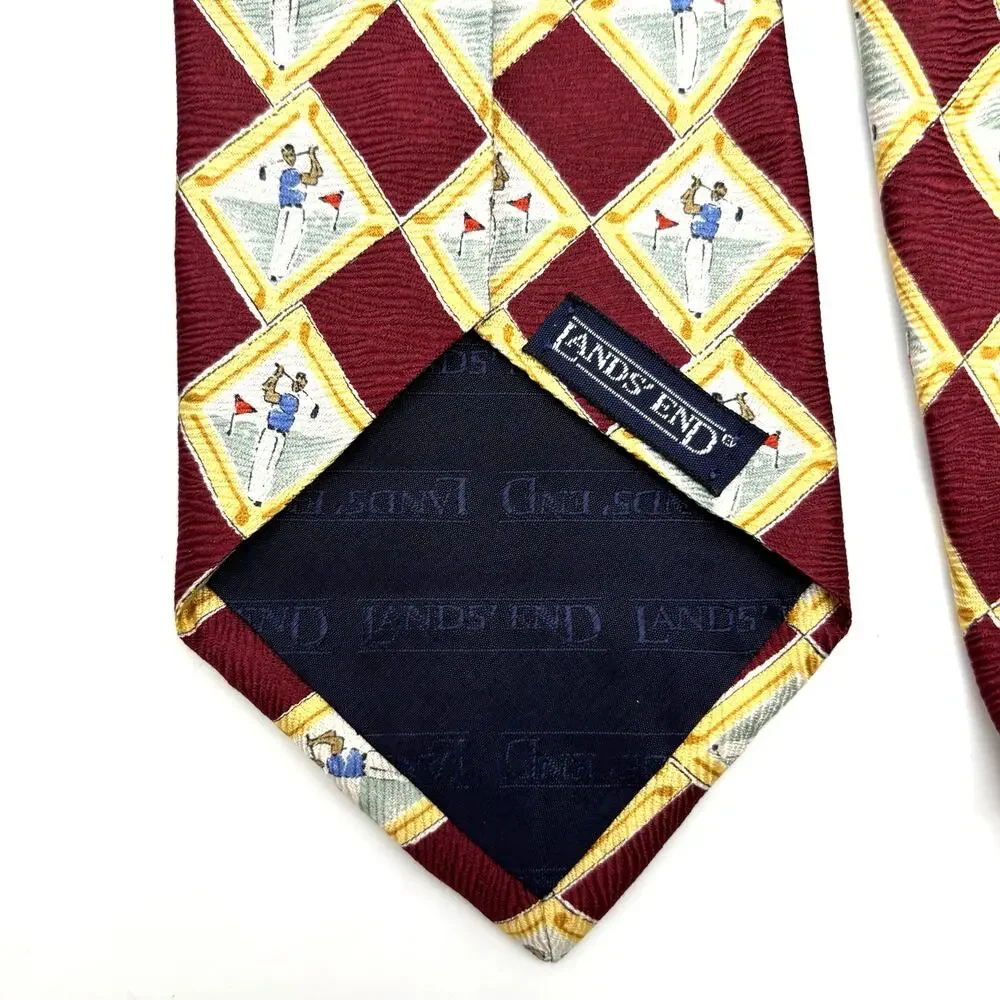 Vintage 90s Lands End Handmade in USA 100% Silk Yellow Red Man Golfing Tie 59